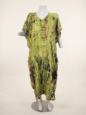Boho Kaftan Maxi Dress One Size NWOT Lime Green Tie-Dye Batik Print Polyester